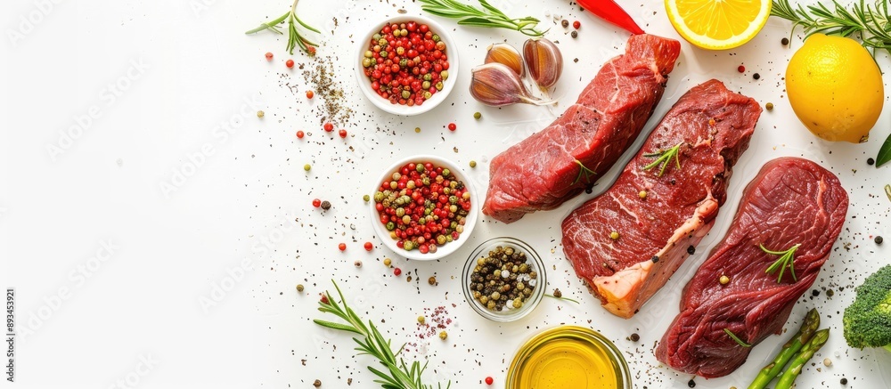 Aufkleber Raw flank beef steak and ingredients ideal for cooking isolated on a white background in a copy space image