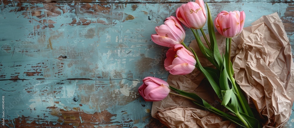 Poster Pink tulips in craft paper against a rustic backdrop convey a sign of affection with copy space image