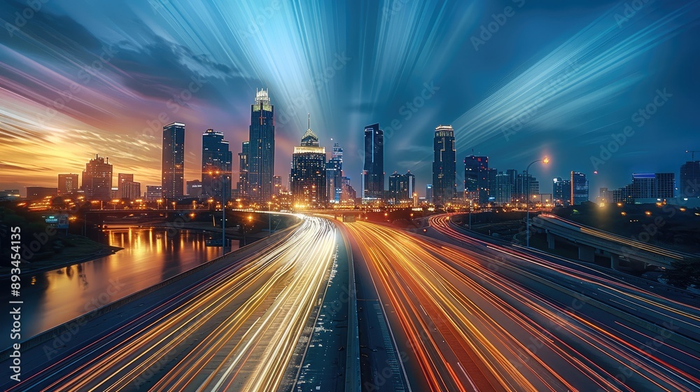 Aufkleber timelapse of highway traffic with city skyline in the background. the long exposure captures the dyn