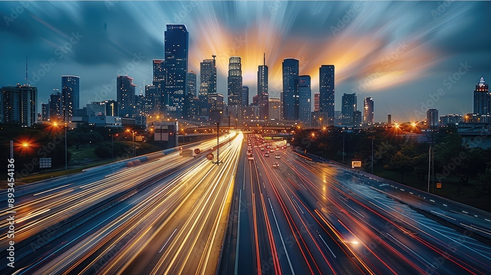 Poster timelapse of highway traffic with city skyline in the background. the long exposure captures the dyn