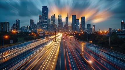 Fototapeta premium Timelapse of highway traffic with city skyline in the background. The long exposure captures the dynamic light trails of vehicles. A modern urban landscape. Generative AI.