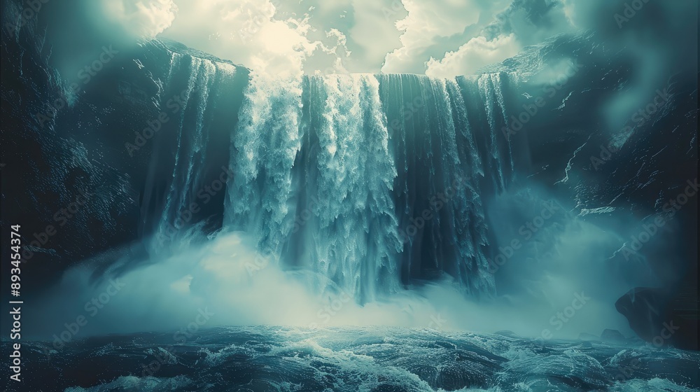 Poster A huge waterfall falling from the sky, creating a strong visual impact. Generative AI.