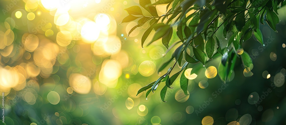 Fototapete Green blurred art with bokeh effect in a forest setting creates a tranquil ambiance and features ample copy space image