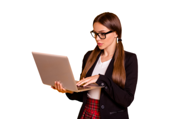 Portrait of cute lovely back school lady hold hand modern eyeglasses eyewear stylish white pullover red skirt black jacket blazer isolated bright tails colorful yellow trendy background