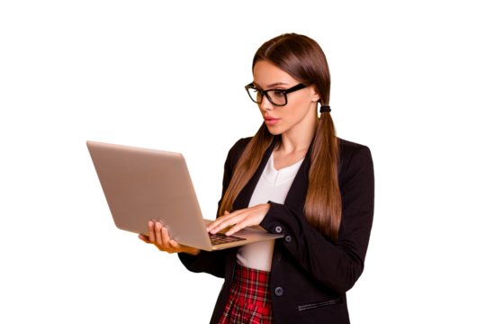 Portrait of cute lovely back school lady hold hand modern eyeglasses eyewear stylish white pullover red skirt black jacket blazer isolated bright tails colorful yellow trendy background