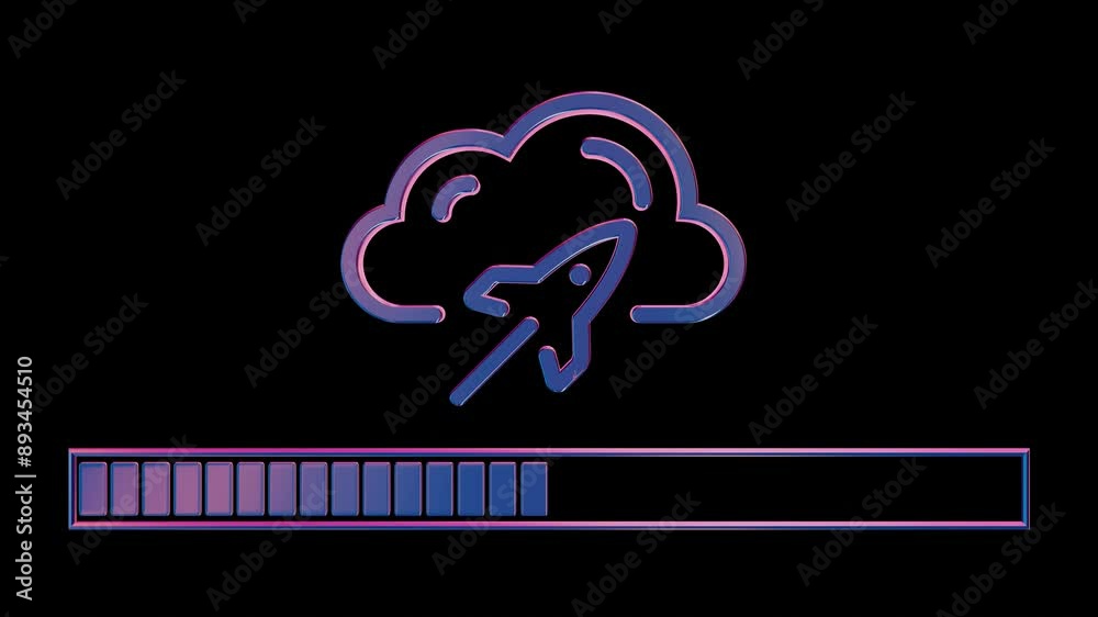 Poster neon cloud computing icon with loading bar on black background