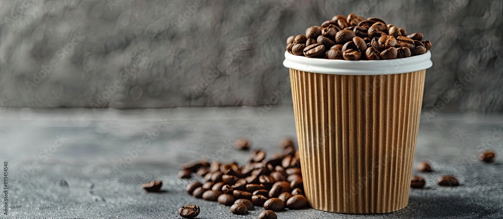 Aufkleber a paper cup filled with coffee beans against a grey backdrop with ample copy space image