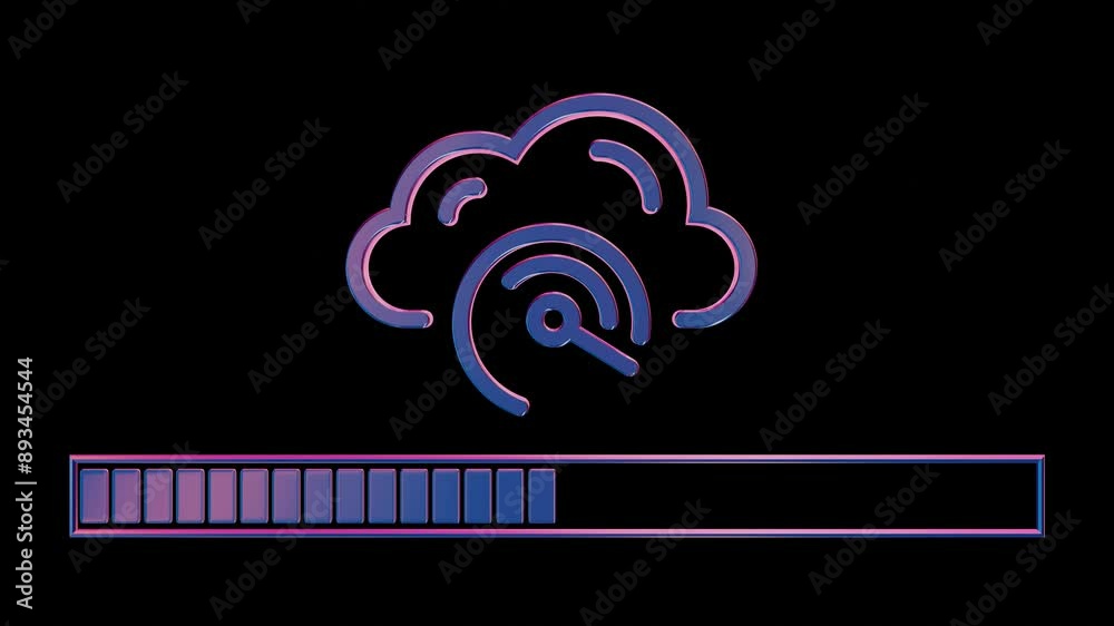 Aufkleber Neon Cloud Computing Icon with Loading Bar on Black Background

