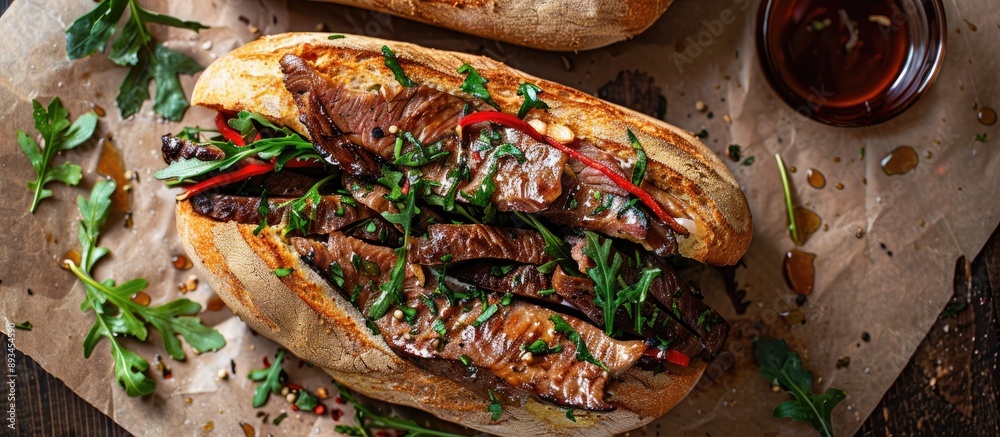 Leinwandbilder a rustic top view of a fresh appetizing foie gras liver sandwich made with goose or duck served on a