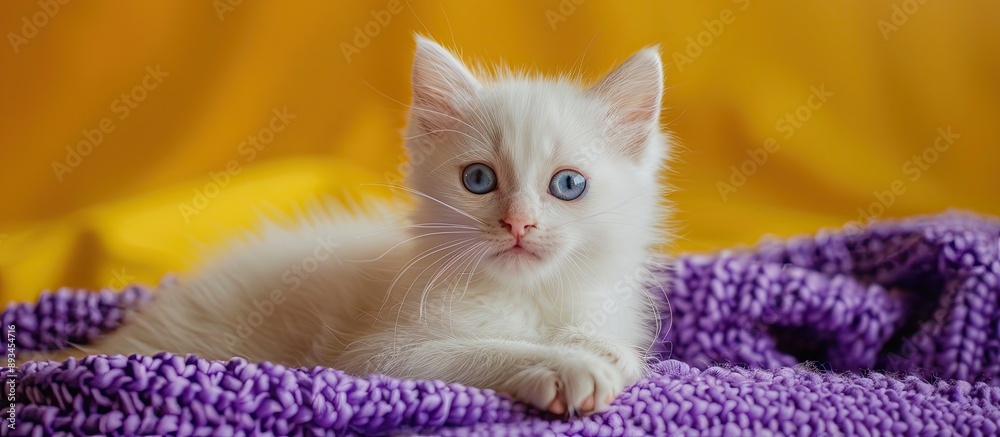 Aufkleber white kitten with blue eyes on purple blanket against a yellow background in a playful stance with a