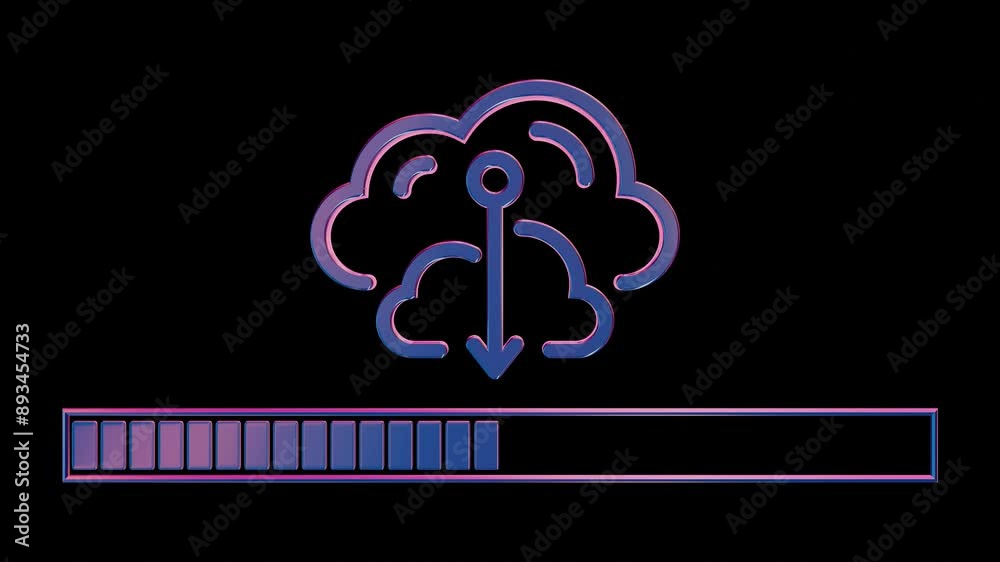 Aufkleber Neon Cloud Computing Icon with Loading Bar on Black Background

