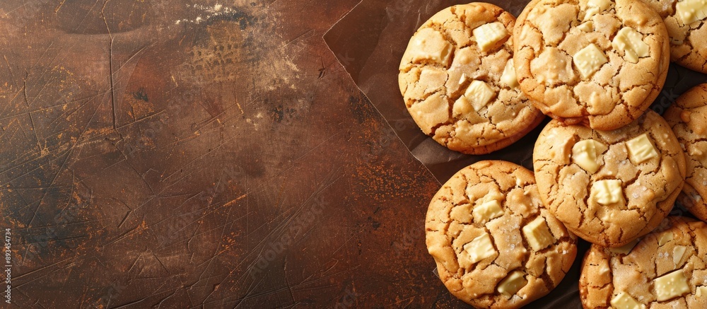 Fototapete Top view of homemade white chocolate chunk cookies on a brown textured background with copy space image for a flat lay composition