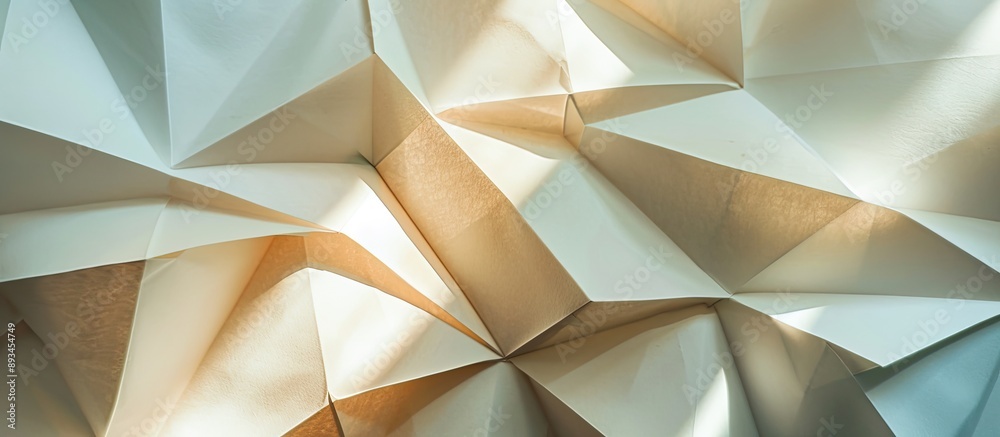Aufkleber Abstract folded paper with sharp sunlight shadows featuring geometric patterns and lines creates a minimalist backdrop for a flat lay composition with ample copy space image