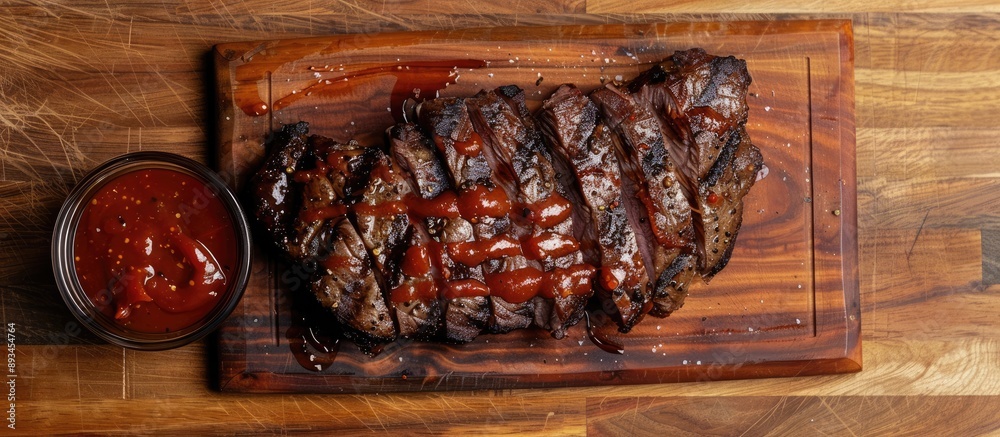 Poster top view of a dry aged wagyu tri tip steak with bbq sauce for dipping showcased on a wooden cutting 