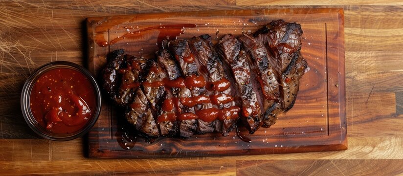 Top view of a dry aged Wagyu tri tip steak with BBQ sauce for dipping showcased on a wooden cutting board with copy space image