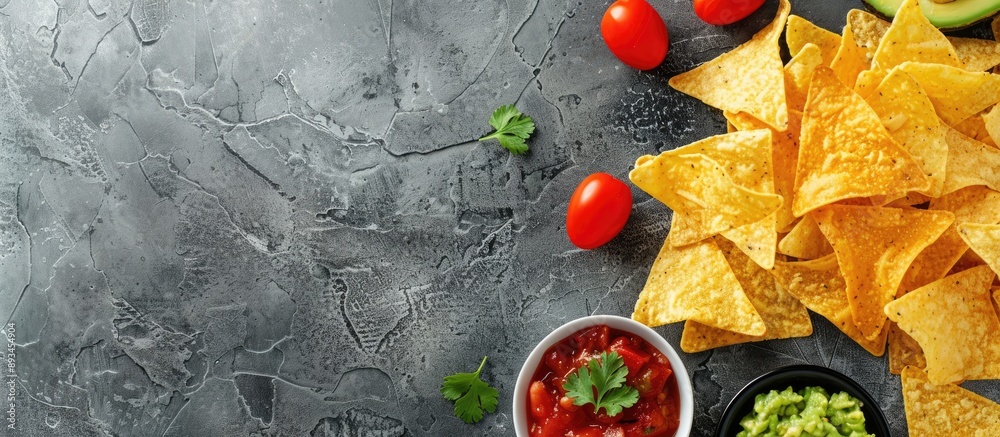 Aufkleber Top down view of Mexican nachos and guacamole on a gray concrete surface with room for text or graphics alongside the image. with copy space image. Place for adding text or design