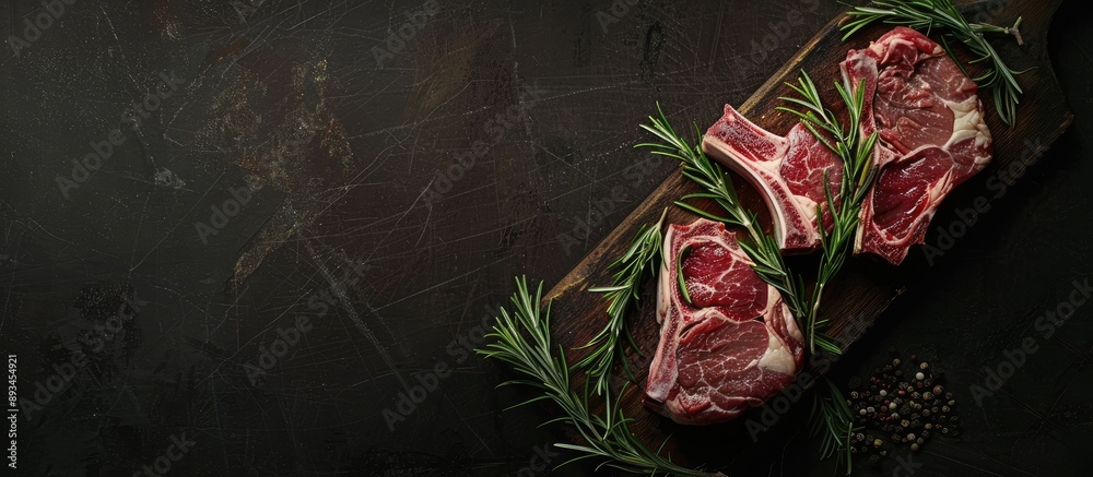 Fototapete Top down view of a raw lamb chop on a butcher board garnished with rosemary and thyme against a dark backdrop with a spacious area for additional content or text like a copy space image