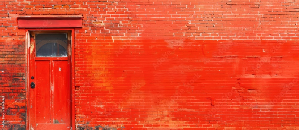 Poster Brilliant red paint adds a vivid touch to an orange brick wall creating an eye catching contrast. with copy space image. Place for adding text or design