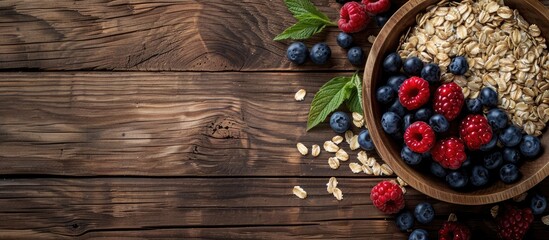 Rustic styled still life featuring oatmeal and berries on a wooden table with copy space image
