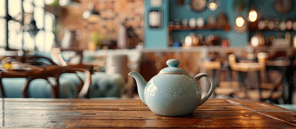 Poster Close up of a teapot on a wooden table in a cafe with a blank area for additional image or text known as copy space image