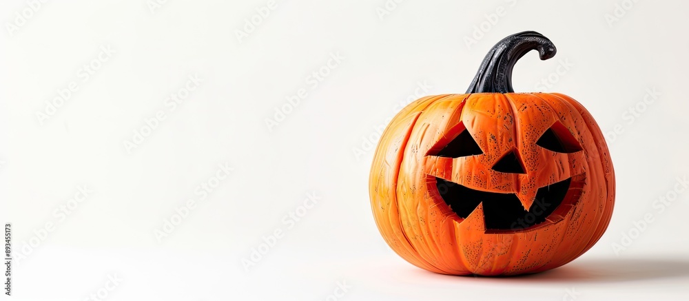 Poster Front view of a decorative pumpkin lantern for Halloween with isolated white background ideal for a copy space image
