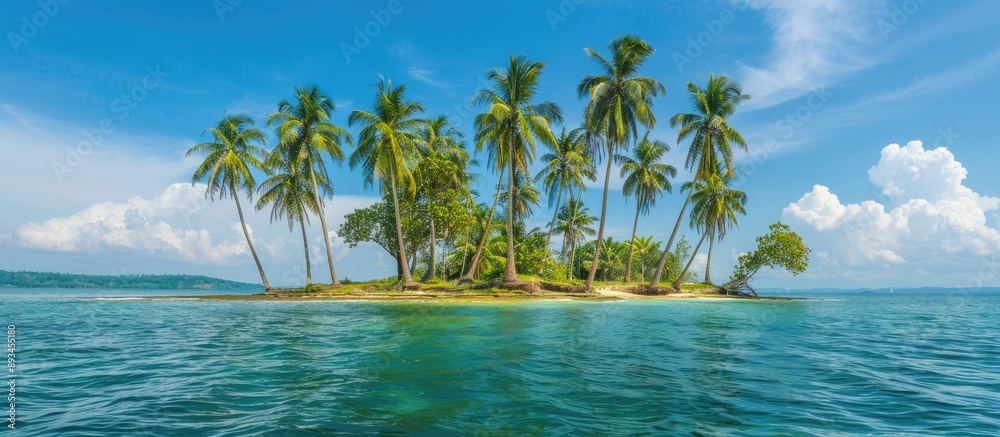 Poster focused on nature there are coconut trees on the island with a tranquil background perfect for a cop
