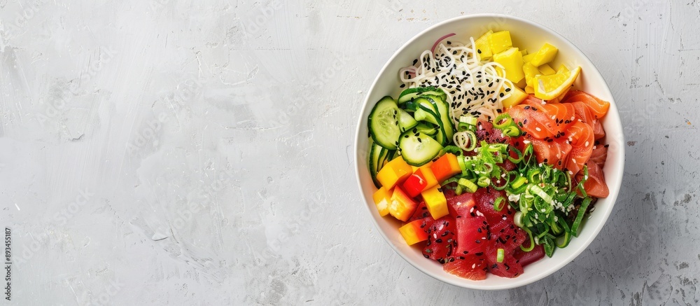 Aufkleber Flat lay of a tasty poke bowl with fresh ingredients on a light grey backdrop providing ample space for text next to the image