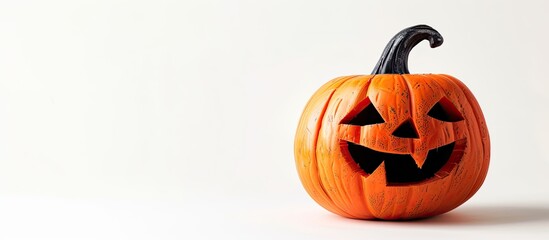 Front view of a decorative pumpkin lantern for Halloween with isolated white background ideal for a copy space image