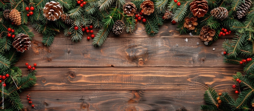 Aufkleber blank for design there are toys fir branches cones and garlands on a wooden backdrop in the copy spa