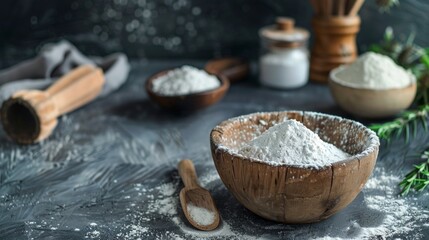 Fototapeta premium Flour in wooden bowl on kitchen table