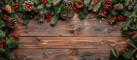 Blank for design there are toys fir branches cones and garlands on a wooden backdrop in the copy space image