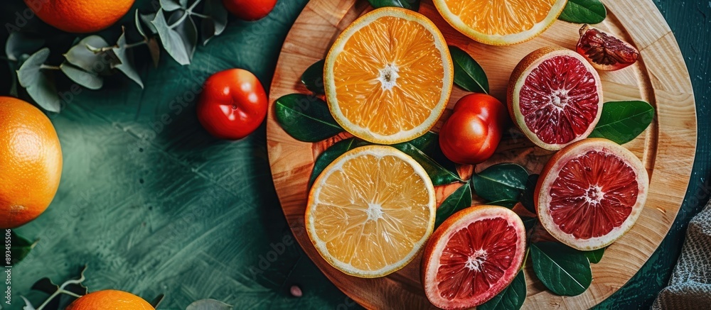 Aufkleber afternoon setting with a fresh array of sliced fruit on a table creating a pleasant copy space image