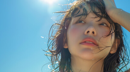 日本の夏の炎天下で汗だくになる女性の顔のクローズアップ