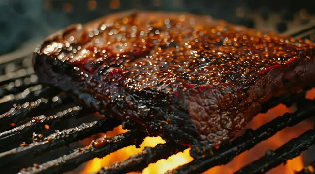 A brisket sizzling on a backyard grill, generously coated with seasonings, surrounded by wafts of smoke and dancing fire particles, creating an inviting atmosphere.