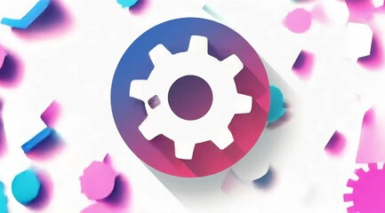A simple white silhouette of a gear in flat design, set against a colorful round background. The vector graphic features a clean and modern style.