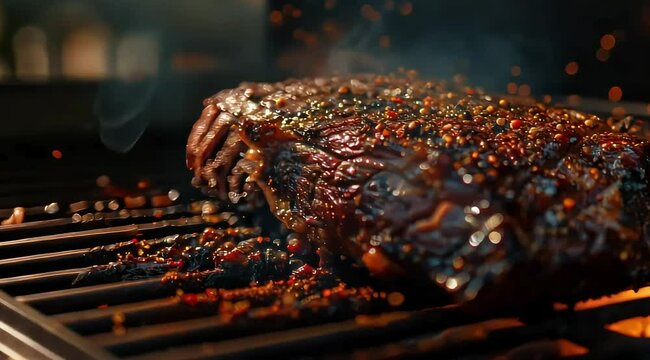 A brisket sizzling on a backyard grill, generously coated with seasonings, surrounded by wafts of smoke and dancing fire particles, creating an inviting atmosphere.