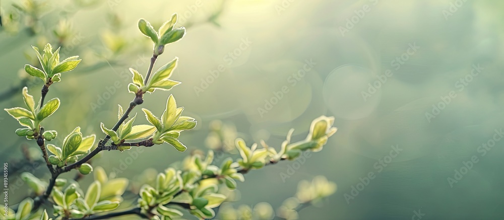 Poster Spring s first signs delicate leaves buds and branches against a beautiful background with copy space image