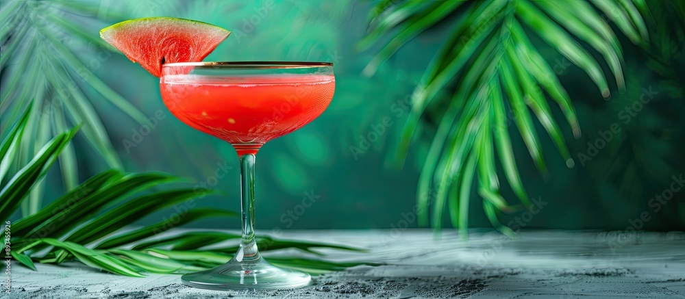 Aufkleber Watermelon cocktail on a stylish Savannah green backdrop with palm leaves perfect for summer with space for text or images. with copy space image. Place for adding text or design