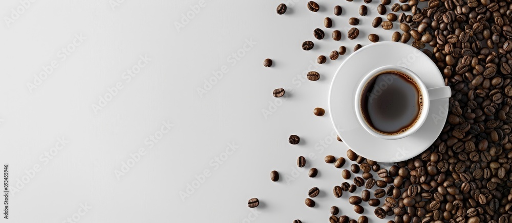 Aufkleber Coffee beans a white cup with a saucer set against a white background are essential elements for designing a coffee shop with copy space image