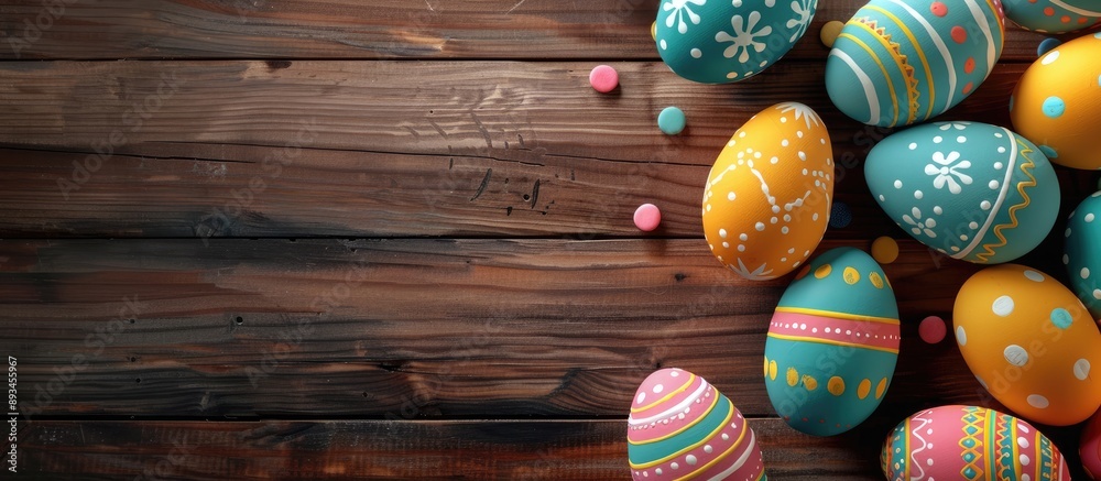 Aufkleber Vibrant Easter eggs displayed on a wooden surface with available space for text ideal for flat lay photography. with copy space image. Place for adding text or design