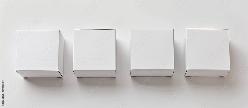 Poster Four white packaging boxes arranged on a white background emphasizing the concept of shipping delivery and transportation with copy space image