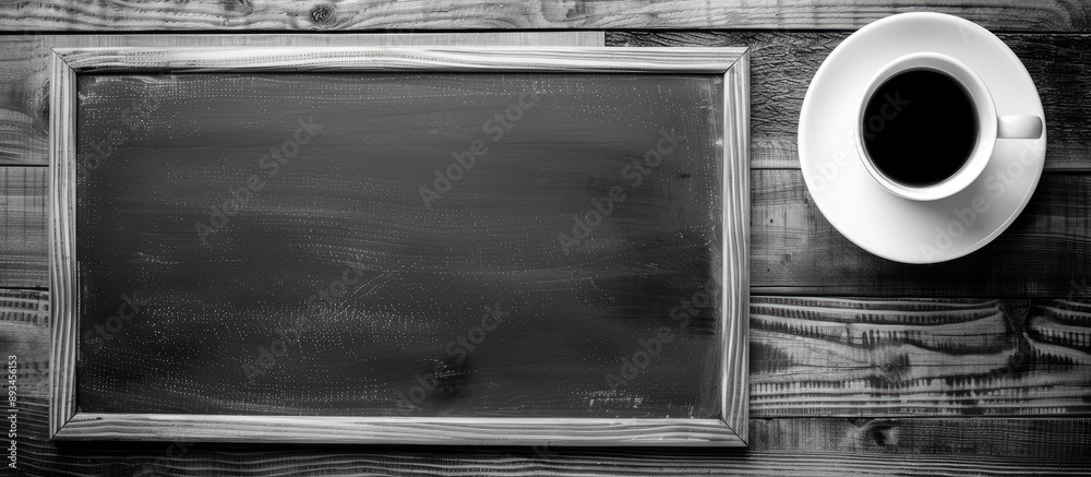 Aufkleber Monochrome blackboard displaying I hate Monday with a cup of coffee on a wooden backdrop providing empty space for text or image integration. with copy space image. Place for adding text or design