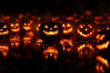 Photo of various pumpkins arranged as a border on a black background, dedicated to Halloween. The empty center is left for text, creating a spooky and festive theme. The pumpkins are decorated and sty