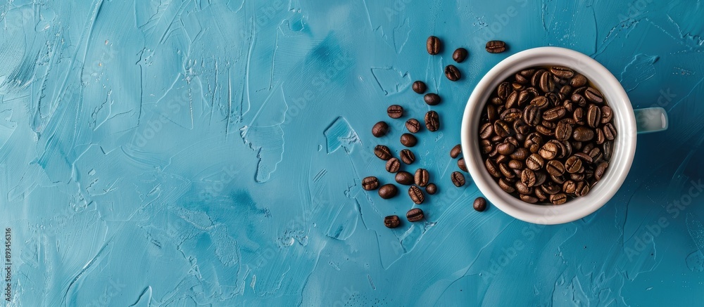 Leinwandbilder Bird s eye view of a white cup with coffee beans on a blue concrete backdrop leaving space for text or other elements in the image. with copy space image. Place for adding text or design