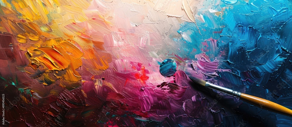 Poster applying oil paint from a brush to a palette on an abstract colorful background with copy space imag