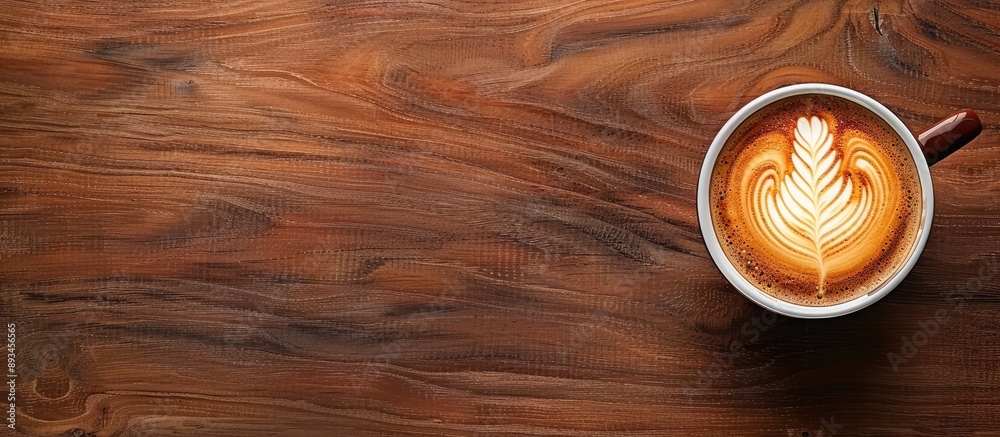 Fototapete hot latte art coffee cup on a wooden table with clear space for text or images. with copy space imag