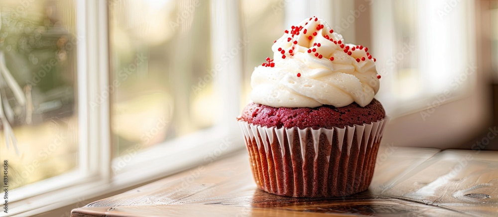 Poster detailed close up copy space image of a solo red velvet cupcake with white frosting red sprinkles on