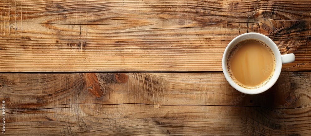 Aufkleber bird s eye view of a coffee cup on a wooden surface with available copy space image