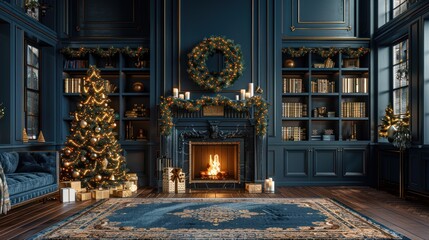Obraz premium Christmas Fireplace In A Blue Room