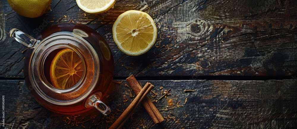 Poster top down view of a glass teapot containing hot black tea garnished with lemon and cinnamon on a dark